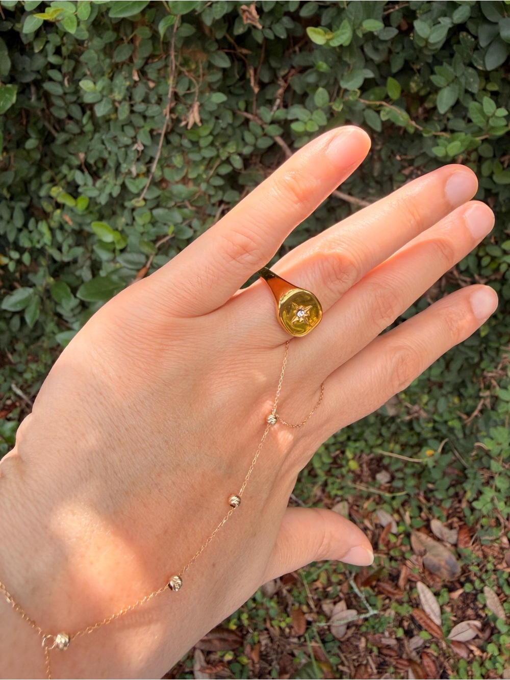 Signet Ring with Star Motif and Center Stone Gold Ring Waterproof - Picture 7 of 10